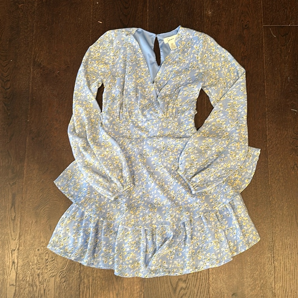 Blue Floral Japana Mini Long Sleeve Ruffle Dress